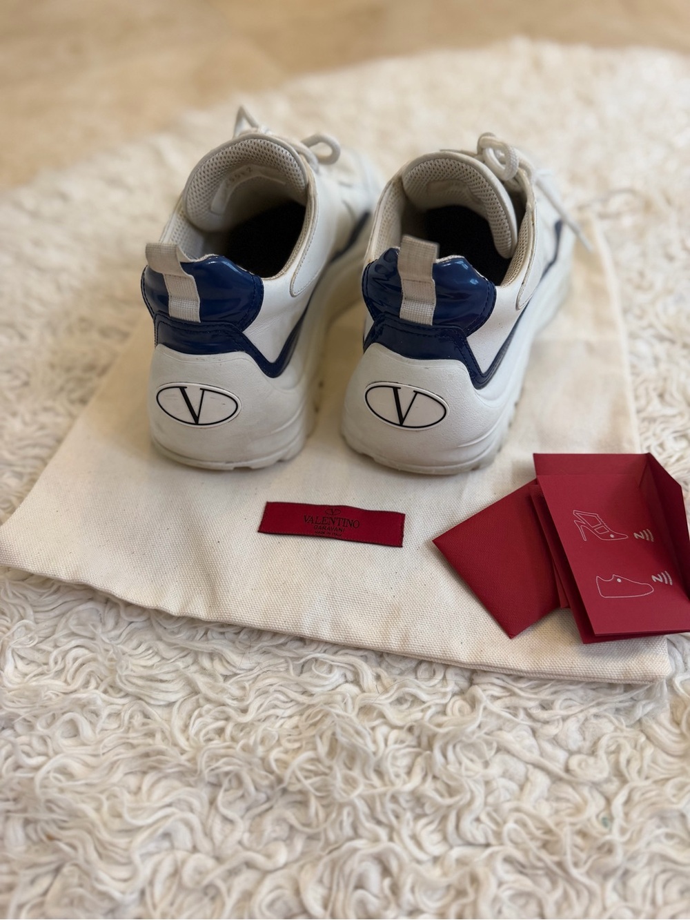 Valentino White and Navy V-Logo Leather Sneakers